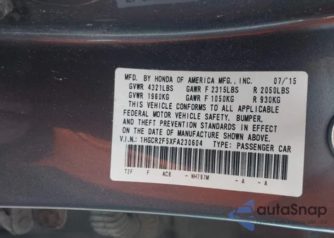 2015 Honda Accord Sport from USA, damaged, VIN 1HGCR2F5XFA230604